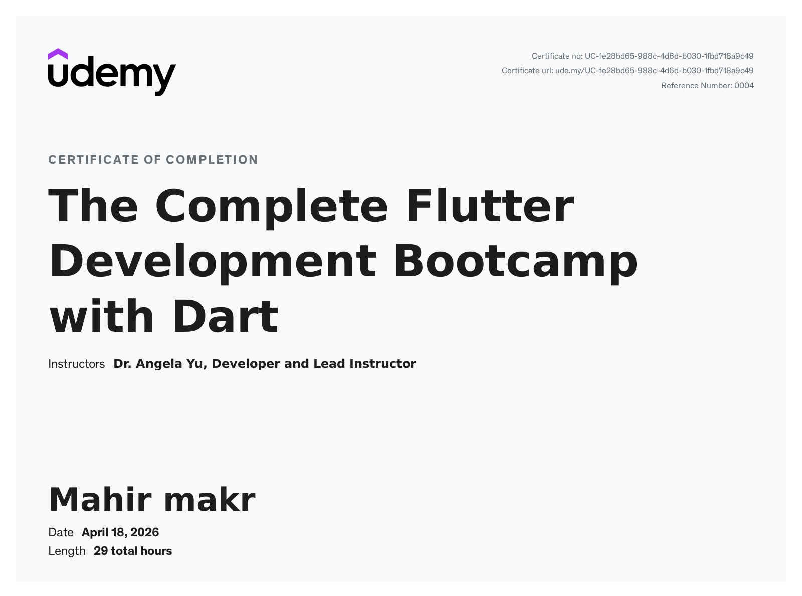 Udemy Dart Certificate